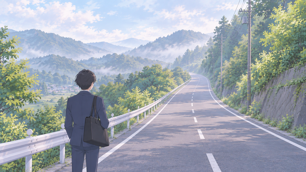 スーツ姿の人物が、山あいの道の先を見つめているイラスト