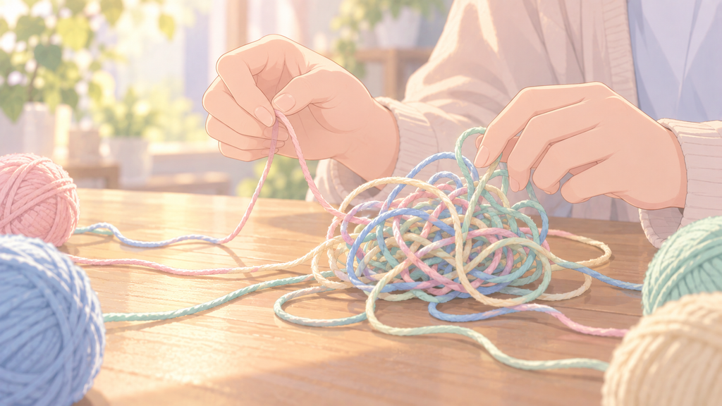 絡まった4色の毛糸を、手で少しずつほどいているイラスト