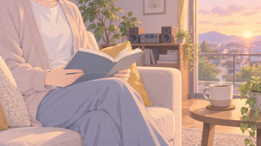 ソファで読書をしながら、音楽とコーヒーを楽しむ、くつろいだ時間のイラスト